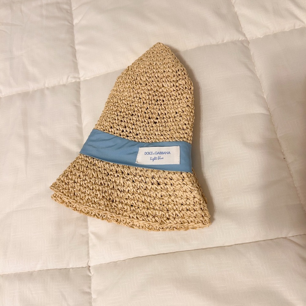 Dolce & Gabbana Beige Straw Hat with Light Blue Band
